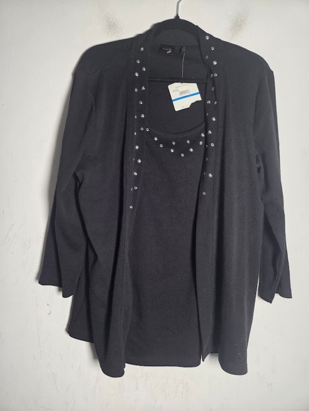NWT Rafaella Black w/Silver Studdes 100% Cotton Knit Tank Cardigan Set size XL